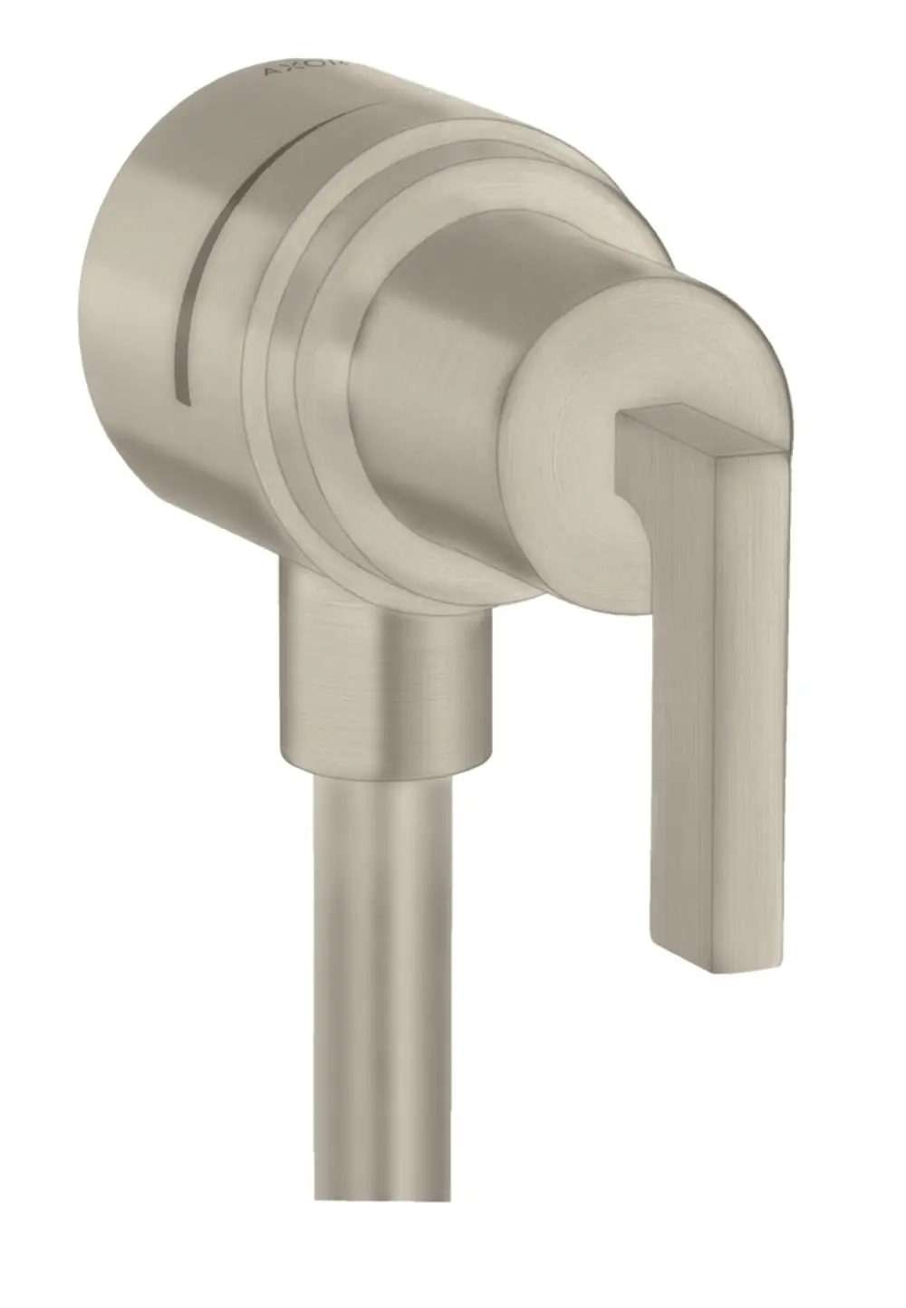 AXOR Wandanschluss mit Stop, Rückflussverhinderer und Hebelgriff in brushed nickel. Dezentes Design für eine moderne Sanitärinstallation.